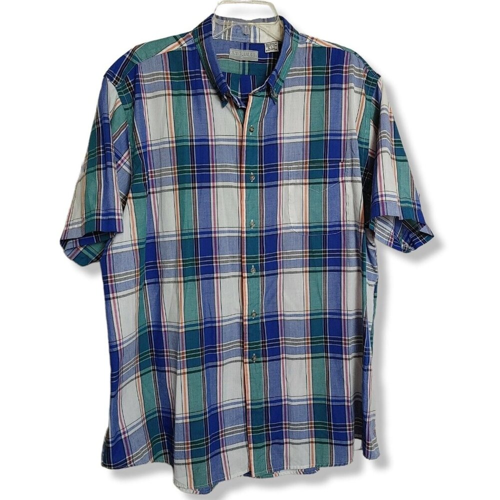 Andhurst Men's Size XL Short Sleeve Button Up Shirt Blue Green Plaid w Pocket